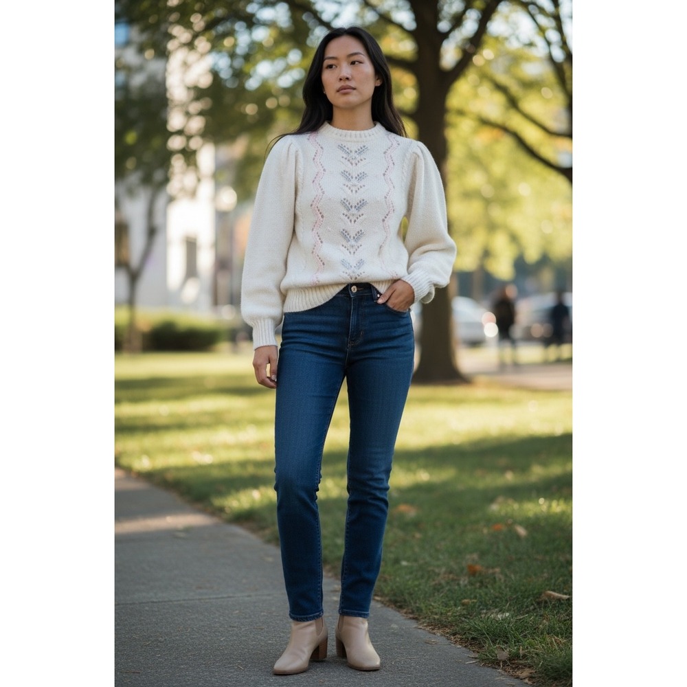Rebecca Lynn VTG Cream Eroidered Pointelle Knit Puff Sleeve Sweater Sz 42 (L)